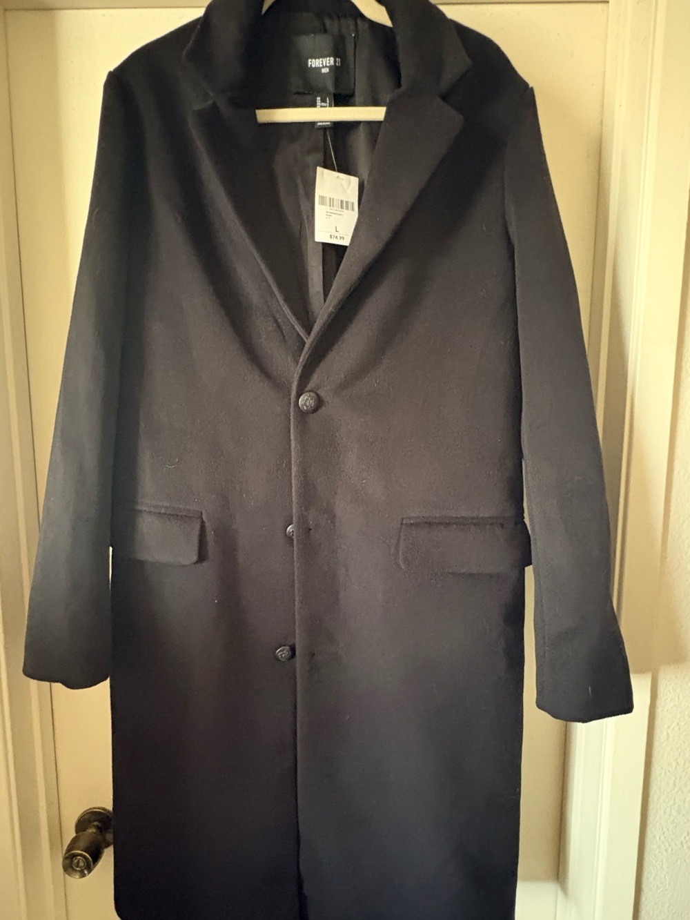 NWT Forever 21 Men Black Single-Breasted Long Overcoat Jacket - Size Large